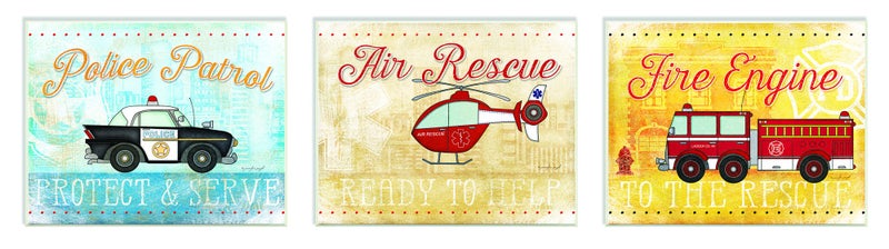 ستوبيل إنداستريز غرفة الأطفال من Stupell Rescue Vehicles Icons and Mottos مجموعة لوحات جدارية مكونة من 3 قطع مقاس 11 × 0.5 × 15 صُنعت بفخر في الولايات المتحدة الأمريكية - Image 1